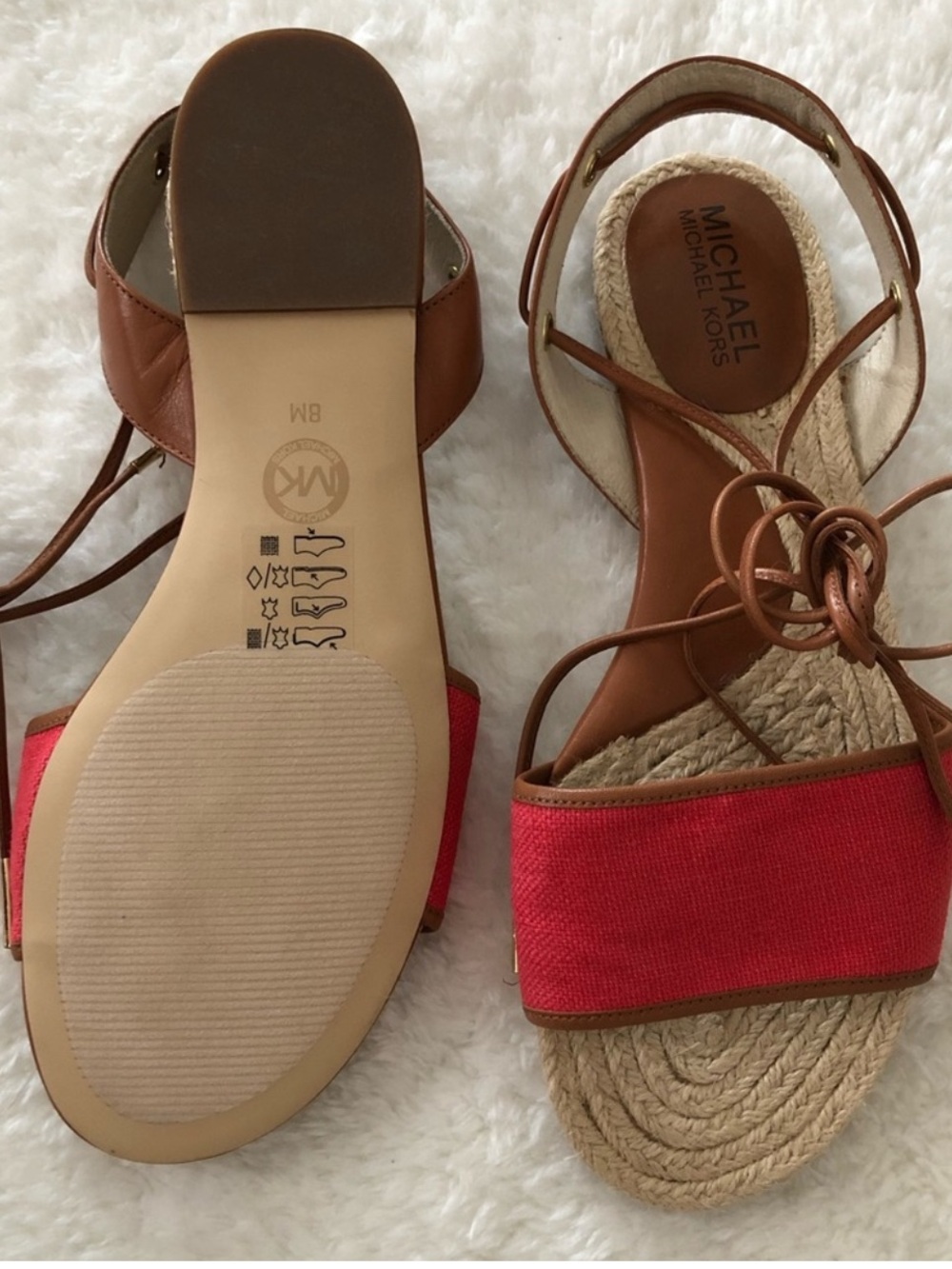 Michael Kors tie up comfy open toe flats / sandals - Size 8 - coral/red color